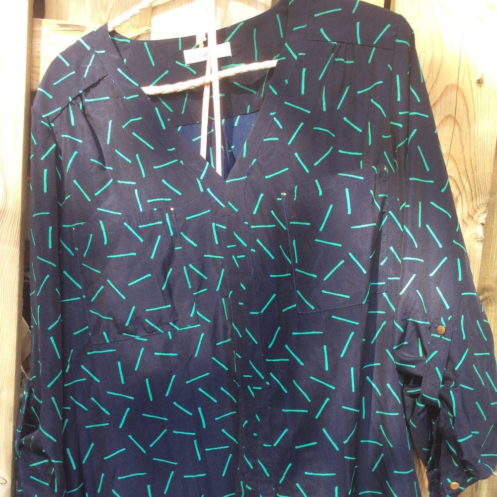 Size: 1X - Blue/Green Abstract Print Blouse